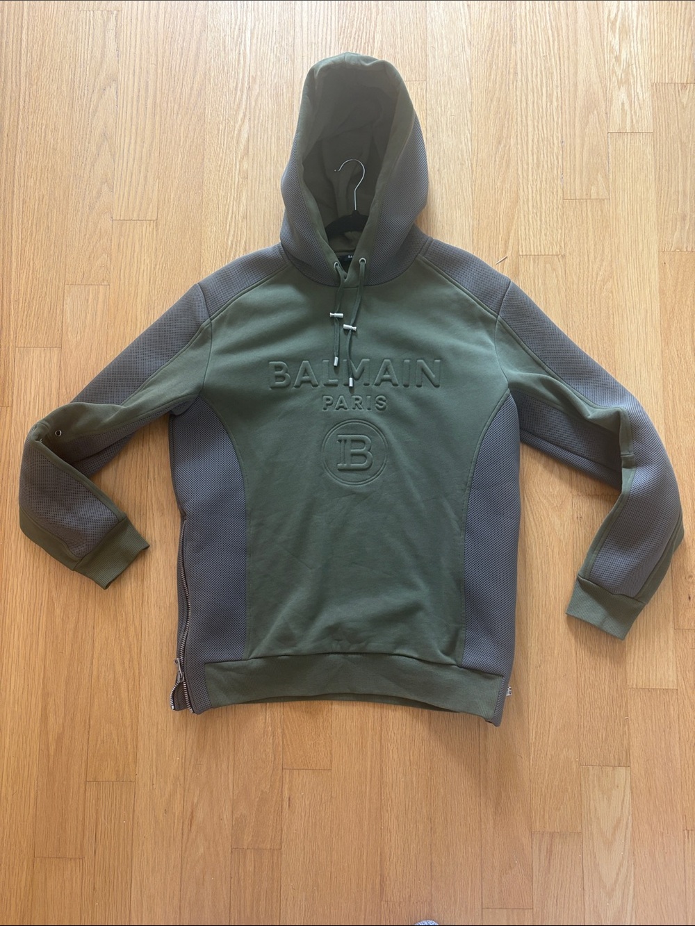 Balmain Men’s Olive Green and Charcoal Hoodie
